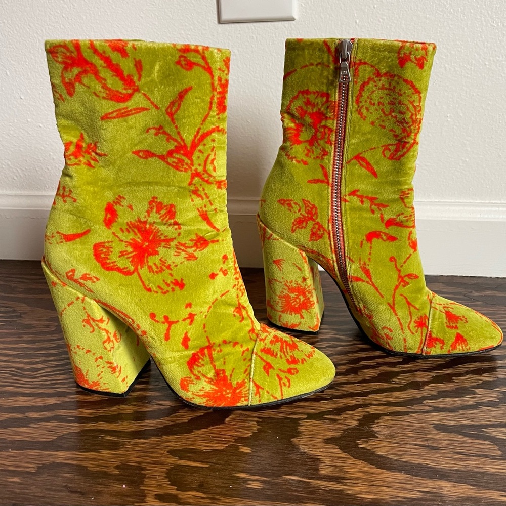 Dries Van Noten Yellow Orange Floral High Heel Boots Booties Size 37